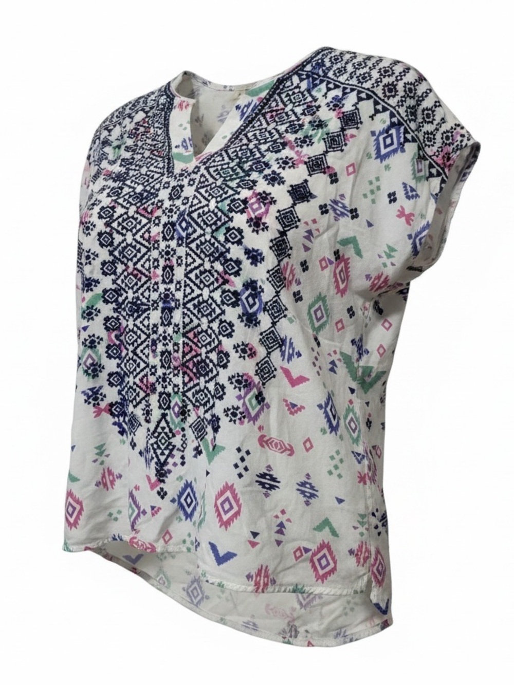 Savanna Jane White Boho V-Neck Top with Navy, Pink & Green Accents